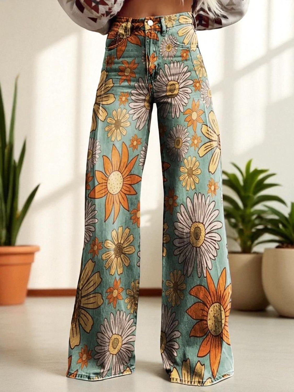 LUNA - Wide-Leg Denim met Retro Bloemenprint