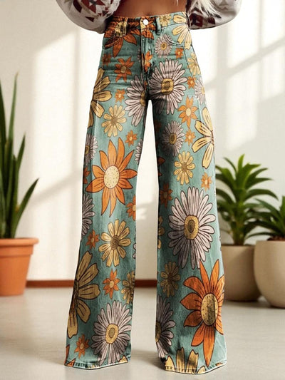 LUNA - Wide-Leg Denim met Retro Bloemenprint