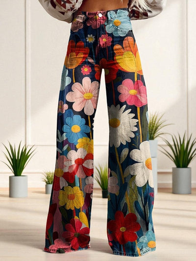 LUNA - Wide-Leg Denim met Retro Bloemenprint